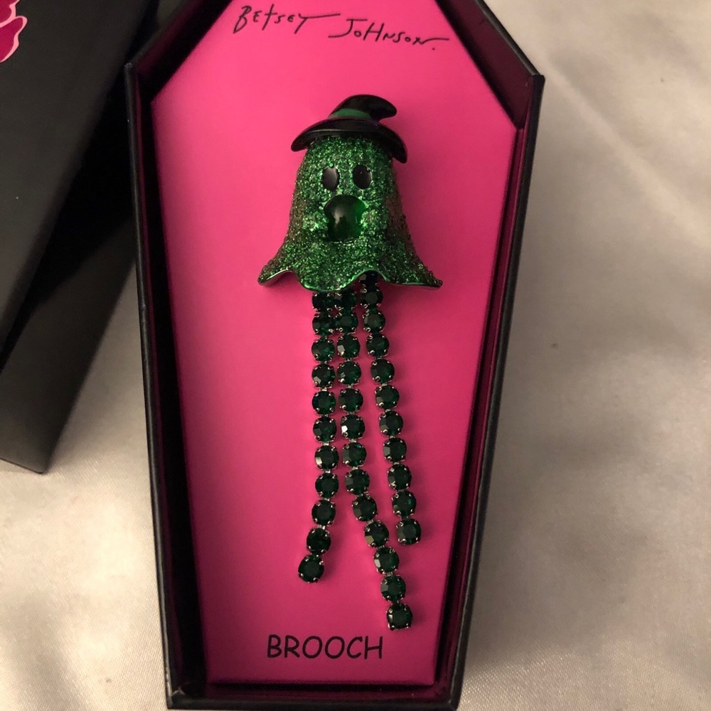Betsey Johnson Metallic Green Ghost Witch Brooch Green Crystal Cup Chain Fringe